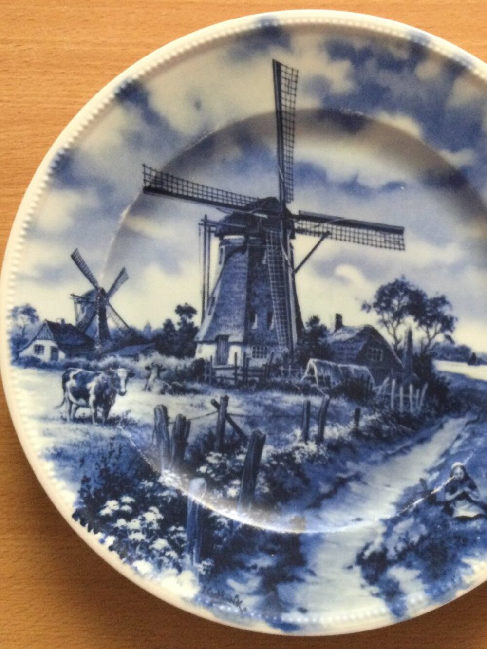 Delft Blauw Handpainted Holland Windmill Scene Plate Dutch Blue & White 9.5"